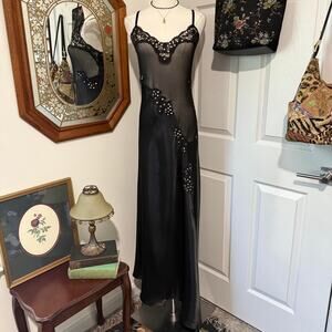 Ashro Black Satin & Sheer Mesh Gold Sequin Asymmetrical Maxi Lingerie Slip Dress